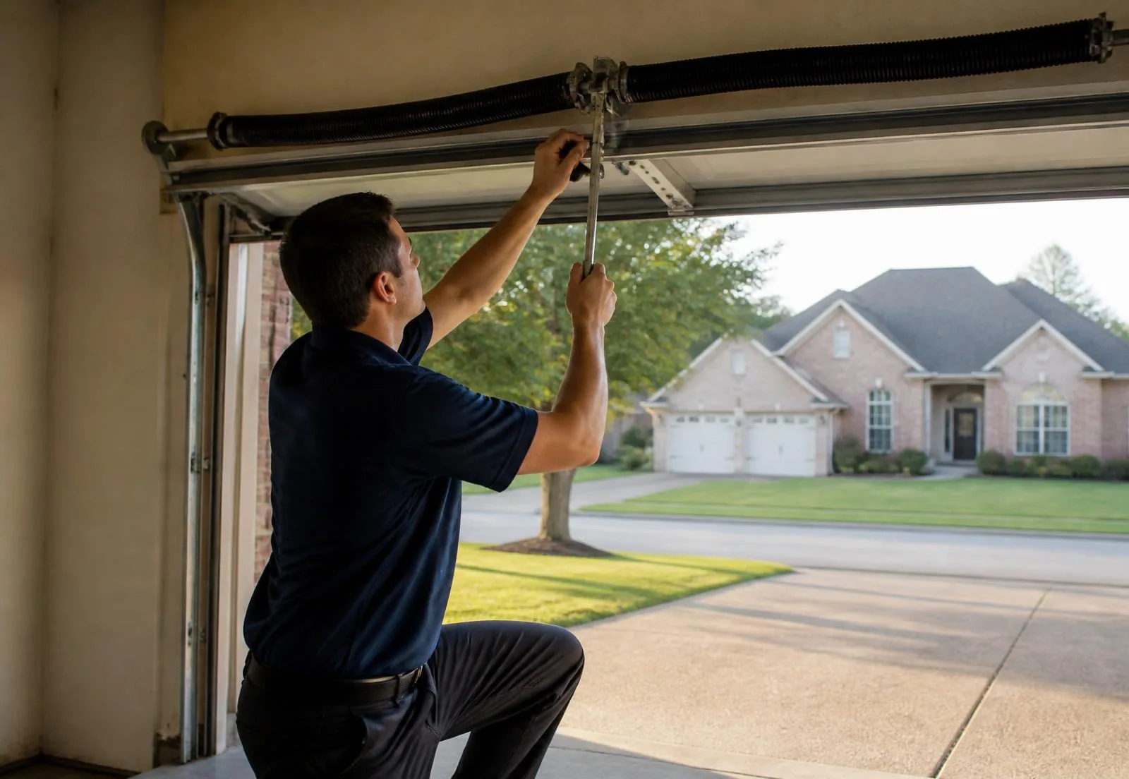 Garage door technician servicing a residential torsion spring in Nashville